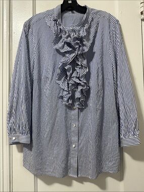 Escada Navy and White Striped Ruffle Front Shirt